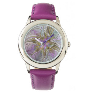 Montre Floral Coloré Abstrait Fractal Avec Rose & Or