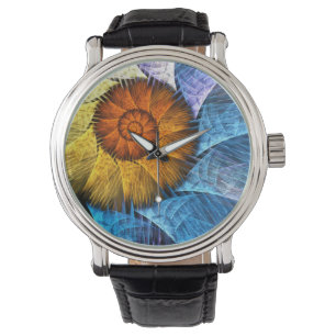 Montre Floral Orange Bleu Jaune Art Abstrait