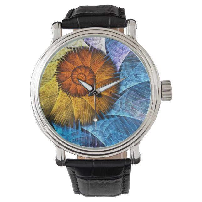 Montre Floral Orange Bleu Jaune Art Abstrait (devant)
