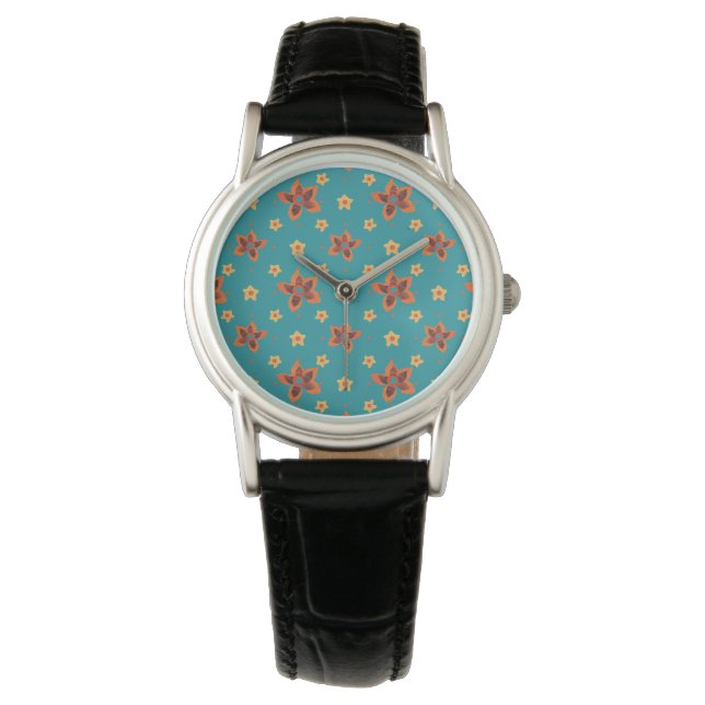 Montre Floral rétro et Pois sur Wristwatch Turquoise (devant)