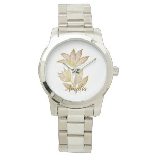 Montre florale à signature argent et or gras