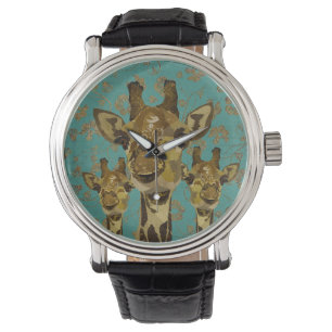 Montre florale de girafes de damassé d'or rétro