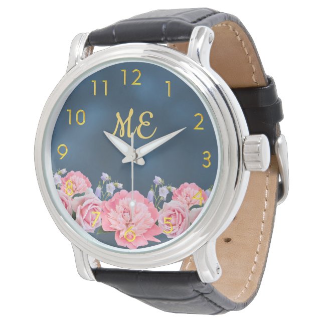 Montre Floraux rose bleu monogramme initiales (Incliné)