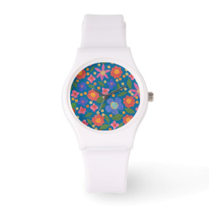 Montre Flore style art populaire sur Blue Sporty Wristwat