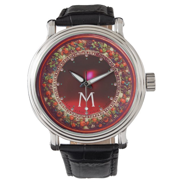 MONTRE FLORENTINE ROUGE VERT FLORAL COURONNE RUBY MONOGRA (devant)