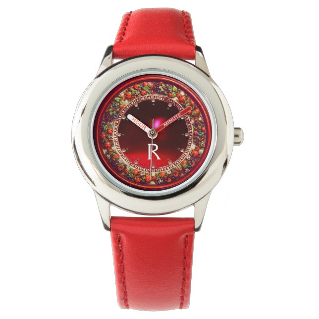 MONTRE FLORENTINE ROUGE VERT FLORAL COURONNE RUBY MONOGRA (devant)