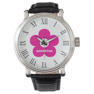 Montre Flower Classic noir et blanc rose Nom personnalisé