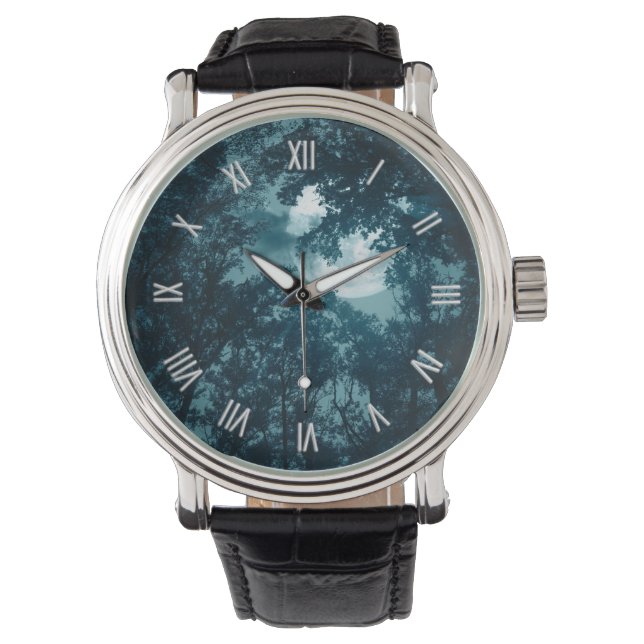 Montre Forêt de nuit Enchantant avec Pleine lune chiffres (devant)
