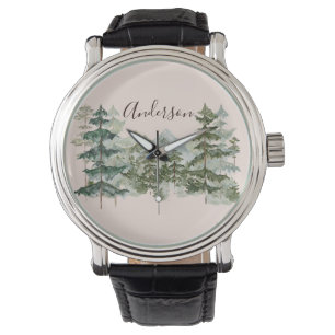 Montre Forêt de pins et montagne rustique à l'aquarelle