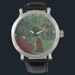 Montre Forêt Tropicale Avec Singes Rousseau Regarder<br><div class="desc">Une belle montre en cuir noir représentant le tableau d'Henri David Rousseau,  "Forêt tropicale aux singes". Le tableau montre trois espèces de primates dans un paysage tropical avec des fleurs rouges et jaunes.</div>
