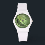 Montre Fractal vert éthérée<br><div class="desc">Image fractale verte brillante. Cette conception abstraite est faite de tourbillons dorés et d'ondes amorphe de couleur verte douce. A un arrière - plan d'espace sombre.</div>