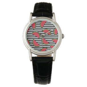 Montre Fraise sur le Motif Black & White Stripes