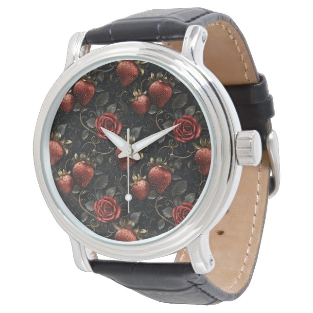 Montre Fraises baroques et Roses Motif sans couture (Incliné)