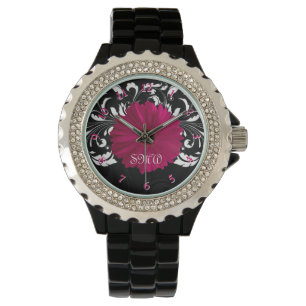 Montre Fuchsia Gerbera Daisy avec Black and White Swirl