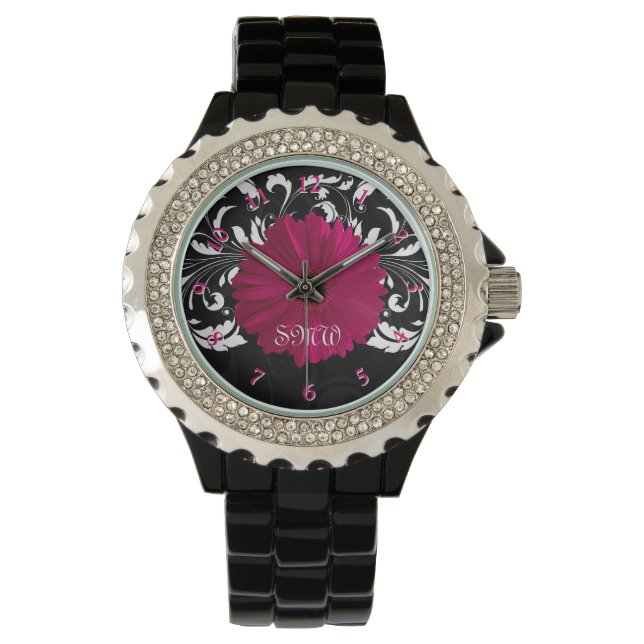 Montre Fuchsia Gerbera Daisy avec Black and White Swirl (devant)