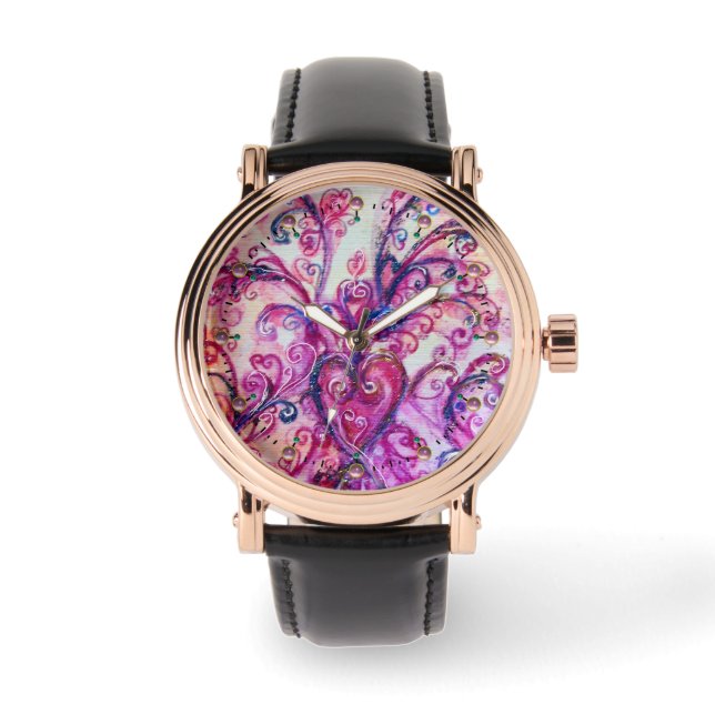 MONTRE FUCHSIA ROSE FLEURIES BLANCHES AVEC LE COEUR (Recto)
