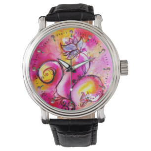 MONTRE FUCHSIE ROSE FLEURS JAUNES BLANCHES