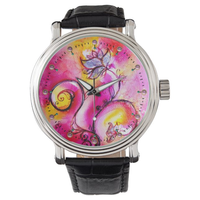 MONTRE FUCHSIE ROSE FLEURS JAUNES BLANCHES (devant)