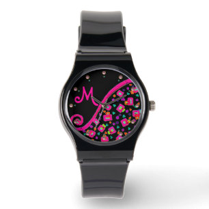 MONTRE FUCHSIE ROSE NOIR DÉCO MONOGRAM ABSTRAIT