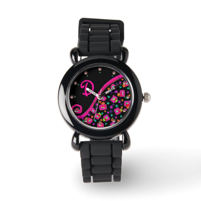 MONTRE FUCHSIE ROSE NOIR DÉCO MONOGRAM ABSTRAIT (Recto)