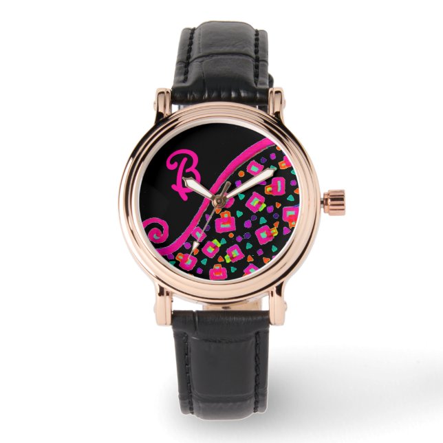 MONTRE FUCHSIE ROSE NOIR DÉCO MONOGRAM ABSTRAIT (Recto)