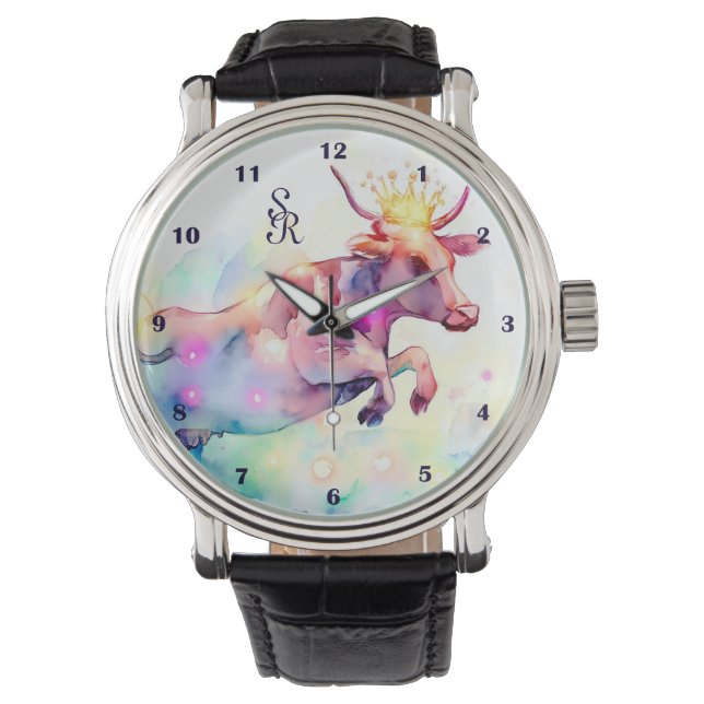 Montre Fun Cow Design Rainbow Watercolor Art Monogramme (devant)