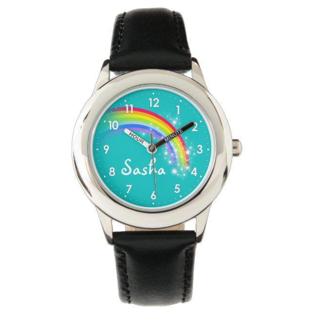 Montre Fun filles arc-en-ciel turquoise aqua nom poignet  (devant)