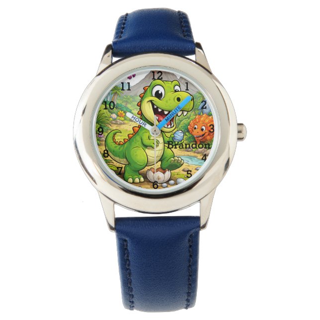 Montre Garçon dinosaure vert moderne Trex nom personnalis (devant)