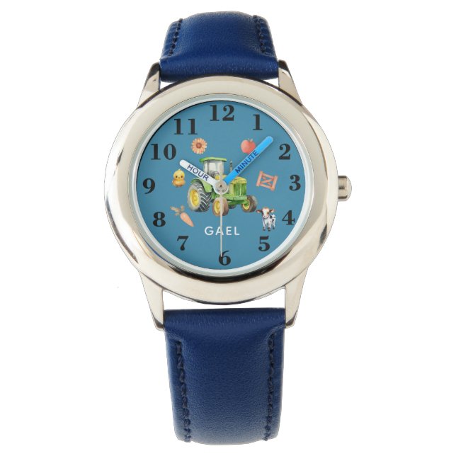 Montre Garçons adorable ferme animal et tracteur & nom En (devant)