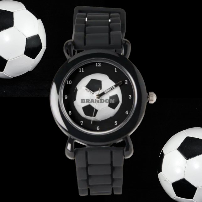Montre Garçons balle de football noir élégant Nom personn (Créateur téléchargé)