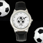 Montre Garçons balle de football noir élégant Nom personn<br><div class="desc">Montre de ballon de football pour les enfants. Personnalisé,  Enfants,  Nom,  acier noir garçons en cuir montre. Personnalisez-le avec le nom de votre enfant.</div>