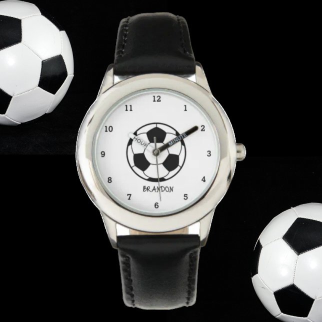 Montre Garçons balle de football noir élégant Nom personn (Créateur téléchargé)