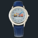 Montre Garçons Bleu Cute Train Moderne Voyage Enfants<br><div class="desc">Cette montre pour enfant mignonne et moderne présente une illustration de voyage en train et un endroit où vous pouvez ajouter le nom de votre garçon. Parfait pour tout enfant rêvant d'être conducteur de train ! Avec des chiffres clairs et un arrière - plan bleu, cette montre pompier est idéale...</div>