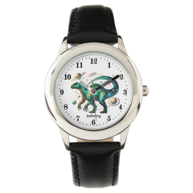 Montre Garçons cool Dinosaure cosmique ajouter un nom Mon (devant)