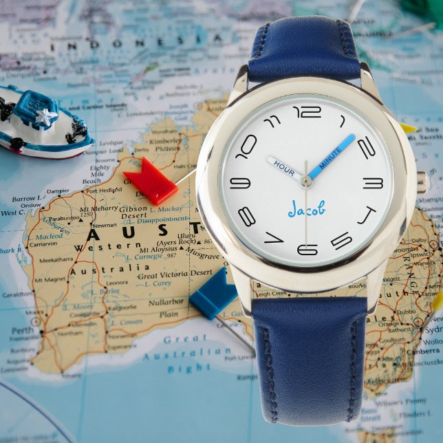 Montre Garçons Cool Moderne Bleu Design Personnalisé Nom  (Boys Cool Modern Blue Stylish Custom Name Kids Watch)