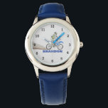 Montre Garçons Cool Moto bleu élégant Nom personnalisé En<br><div class="desc">Personnalisé,  Enfants,  moto,  nom,  acier bleu garçons montre. Personnalisez-le avec le nom de votre enfant.</div>