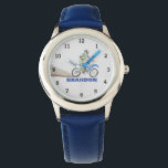 Montre Garçons Cool Moto bleu élégant Nom personnalisé En<br><div class="desc">Personnalisé,  Enfants,  moto,  nom,  acier bleu garçons montre. Personnalisez-le avec le nom de votre enfant.</div>