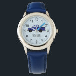 Montre Garçons Cute Blue Pickup Truck Car avec nom Enfant<br><div class="desc">Ce modèle de montre pour enfants mignon comporte une caricature de pick-up bleu foncé, et peut être customisé avec le nom de votre garçon. Idéal pour les amateurs de chevy, de voiture ou de jeep, et comme une première montre, avec des nombres facilement lisibles ! Consultez notre magasin pour d'autres...</div>