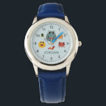 Montre Garçons mignon et Cool Monstre bleu Alien<br><div class="desc">Cette montre pour enfant mignonne et moderne présente des illustrations aliens de monstres colorées, et un endroit où vous pouvez ajouter le nom de votre garçon. Parfait pour tout enfant amoureux du monstre cool ! Avec des chiffres clairs et un arrière - plan bleu, ce design est parfait pour un...</div>