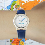 Montre Garçons Nom Personnalisé Cool Bleu Style tendance<br><div class="desc">Personnalisé, personnalisé, enfants garçons amusant cool mignon tendance bracelet en cuir bleu élégant, coque en acier inoxydable, montre poignet. Entrez simplement le nom, pour customiser. Allez-y créez une merveilleuse montre personnalisée pour le garçon lil de votre vie - fils, frère, neveu, petit-fils, filleul, stepson. Fait un grand cadeau personnalisé pour...</div>