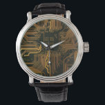 Montre Geek Sortie carte circuit électronique orange PCB<br><div class="desc">PCB Circuit Board cadeaux pour les geeks ou cadeaux pour les nerds. En voici un pour l'Ordinateur Nerd ou Geek en chacun de nous. Geek Sortez votre Nerd avec cette carte circuit électronique PCB. Il s'agit d'une image de fond d'une carte de circuit imprimé ou d'une carte de circuit électronique....</div>