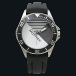 Montre Geo Abstrait Minimal Black White Stripes Nom<br><div class="desc">Personnalisez avec votre propre nom ou le nom de votre être cher.</div>