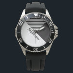 Montre Geo Abstrait Minimal Black White Stripes Nom<br><div class="desc">Personnalisez avec votre propre nom ou le nom de votre être cher.</div>