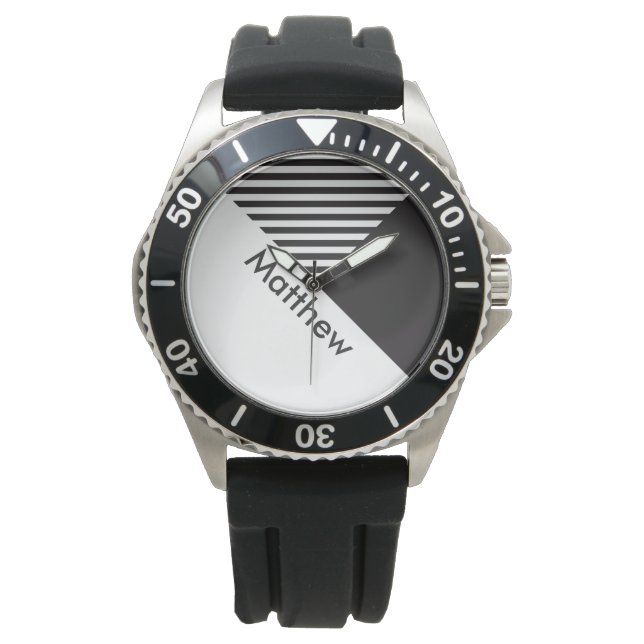 Montre Geo Abstrait Minimal Black White Stripes Nom (devant)
