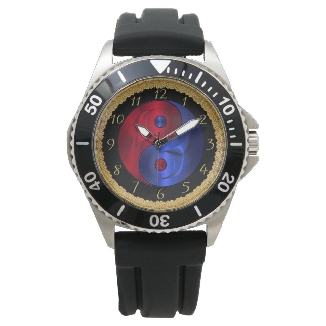 Montre Géométrie Abstraite rouge et bleue Yin et Yang 4 (devant)