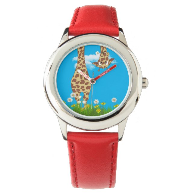 Montre girafe mignonne dans l'herbe et les fleurs (devant)