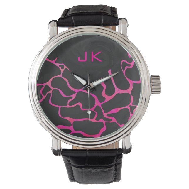 Montre Giraffe rose chaude et noire (devant)