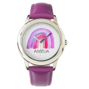 Montre Girls Cute Boho Aquarelle Arc-en-ciel et nom