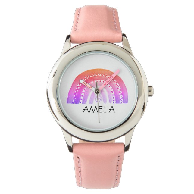 Montre Girls Cute Boho Aquarelle Arc-en-ciel et nom (devant)