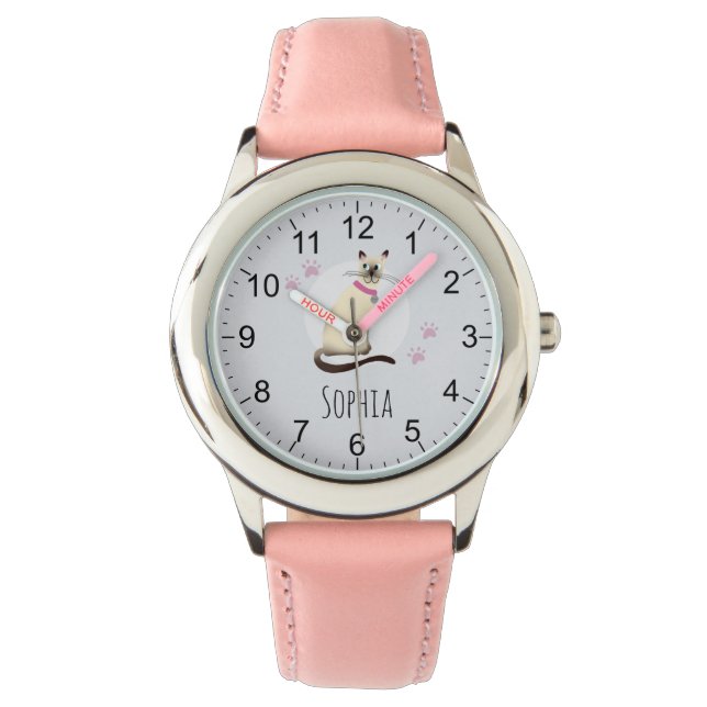 Montre Girls Cute Siamese Chat Dessin & Nom Enfants (devant)